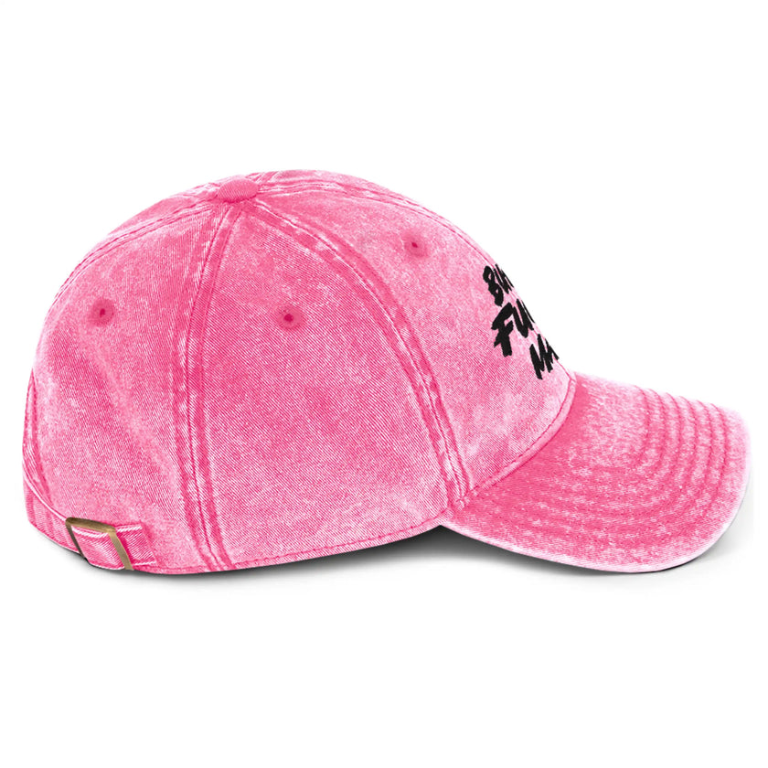 Pink cotton twill cap right side view showing bold Buffalo Fuckin Mafia embroidery, feminine Buffalo football inspired cap.