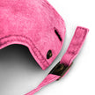 Close-up of pink cotton twill cap adjustable snap closure with clean stitching and vintage style Buffalo football hat construction.
