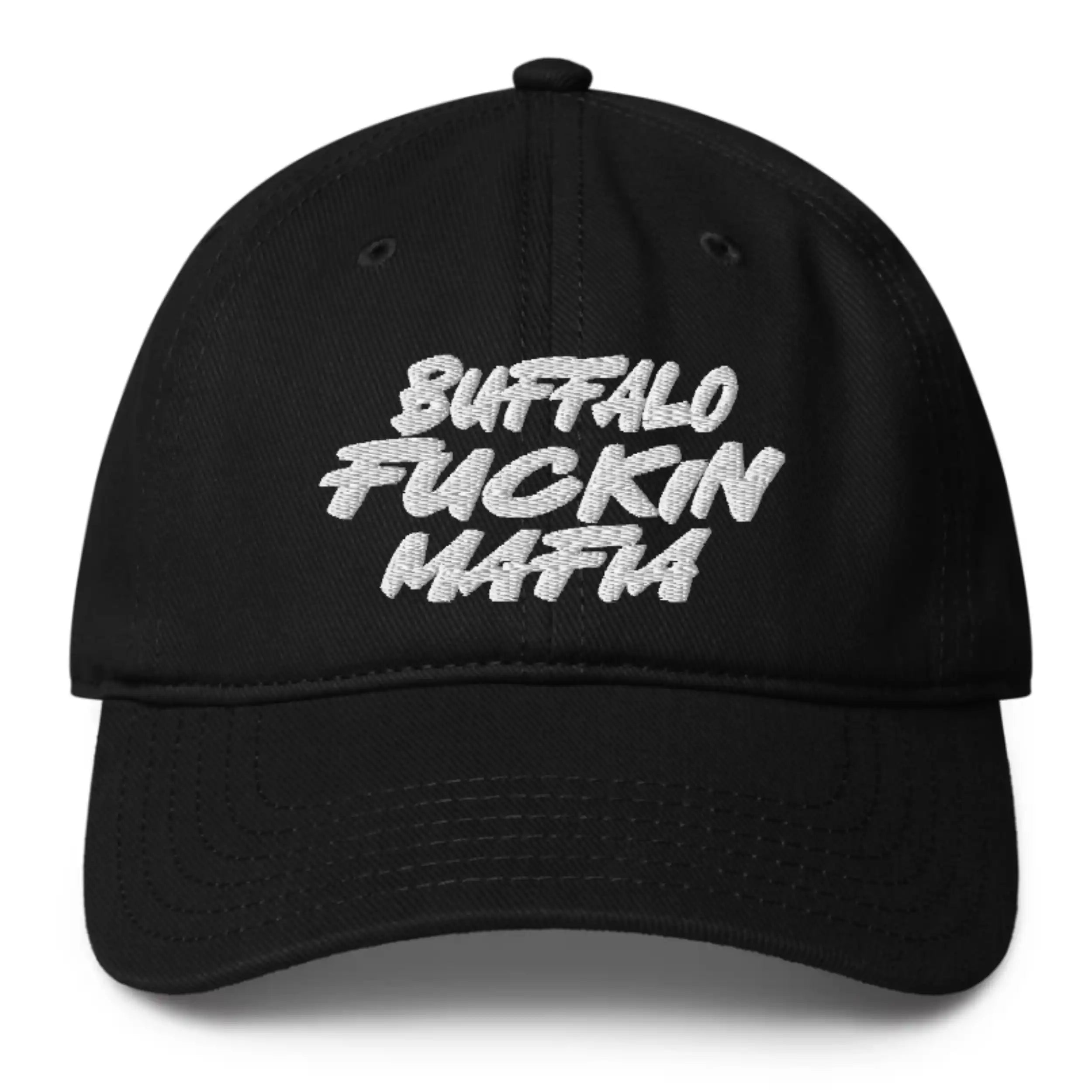 Black low profile dad hat featuring white Buffalo Fuckin Mafia embroidery, edgy Buffalo football streetwear hat design.
