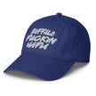 Blue low profile dad hat left side view featuring white Buffalo Fuckin Mafia embroidery and curved brim design.