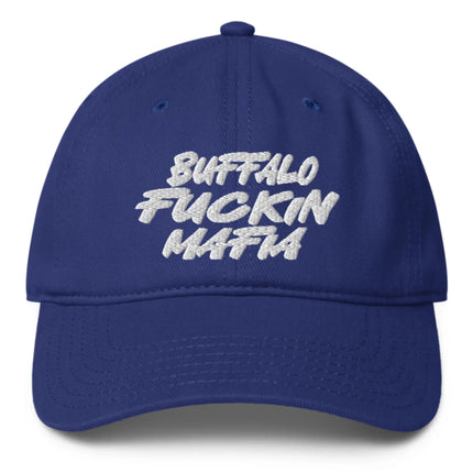 Blue low profile dad hat featuring bold white Buffalo Fuckin Mafia embroidery, edgy Buffalo football streetwear cap design.