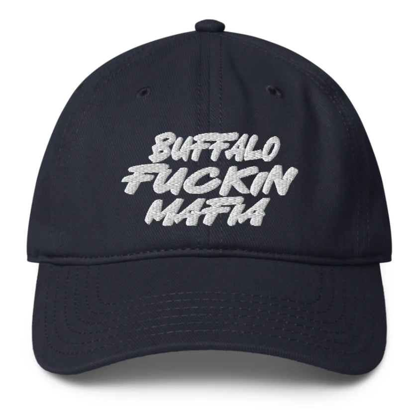 Navy low profile dad hat with white Buffalo Fuckin Mafia embroidered lettering, Buffalo football modern game day cap.