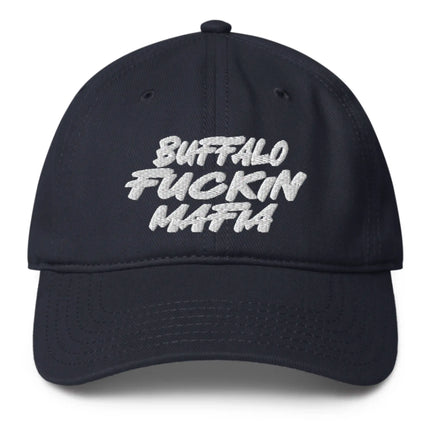 Navy low profile dad hat with white Buffalo Fuckin Mafia embroidered lettering, Buffalo football modern game day cap.