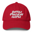 Red low profile dad hat with bold white Buffalo Fuckin Mafia embroidered lettering, Buffalo football fan cap design.