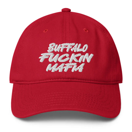Red low profile dad hat with bold white Buffalo Fuckin Mafia embroidered lettering, Buffalo football fan cap design.