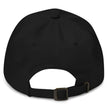 Black dad hat back view showing adjustable strap and clean embroidered Buffalo hearts city pride cap design.