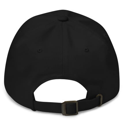 Black dad hat back view showing adjustable strap and clean embroidered Buffalo hearts city pride cap design.