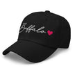 Black dad hat left front angle featuring Buffalo script embroidery with hot pink hearts, Buffalo city pride cap.