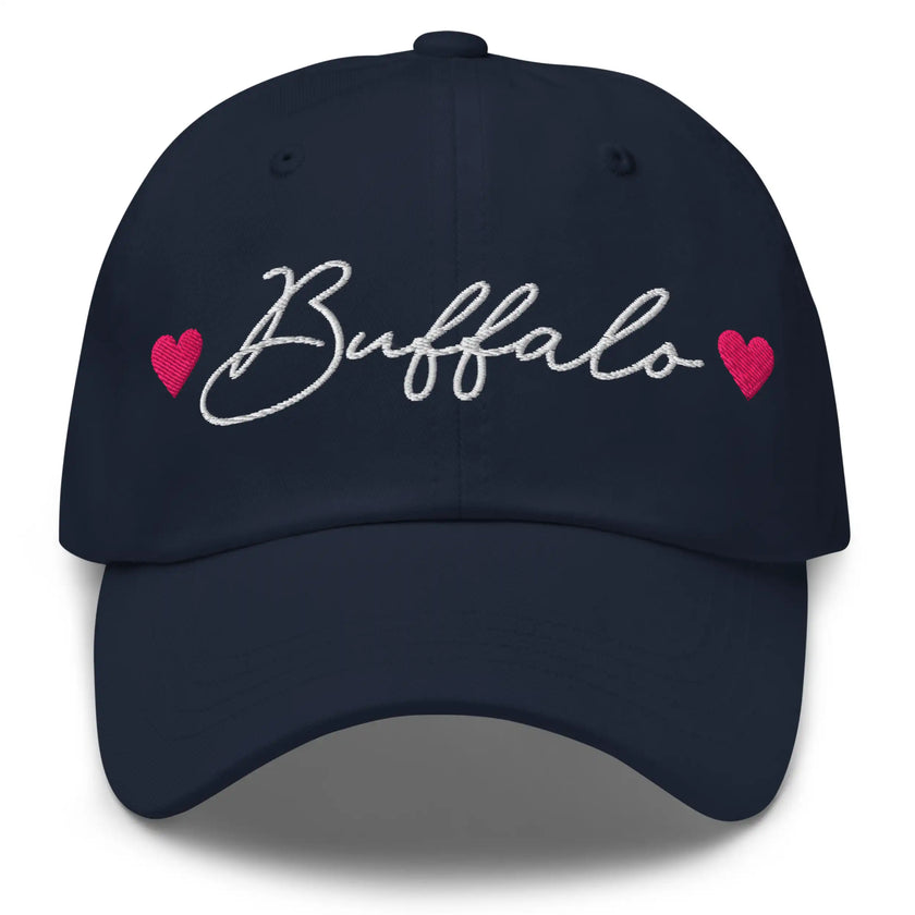 Navy dad hat with embroidered Buffalo script lettering and hot pink heart accents on both sides, Buffalo city inspired hat.