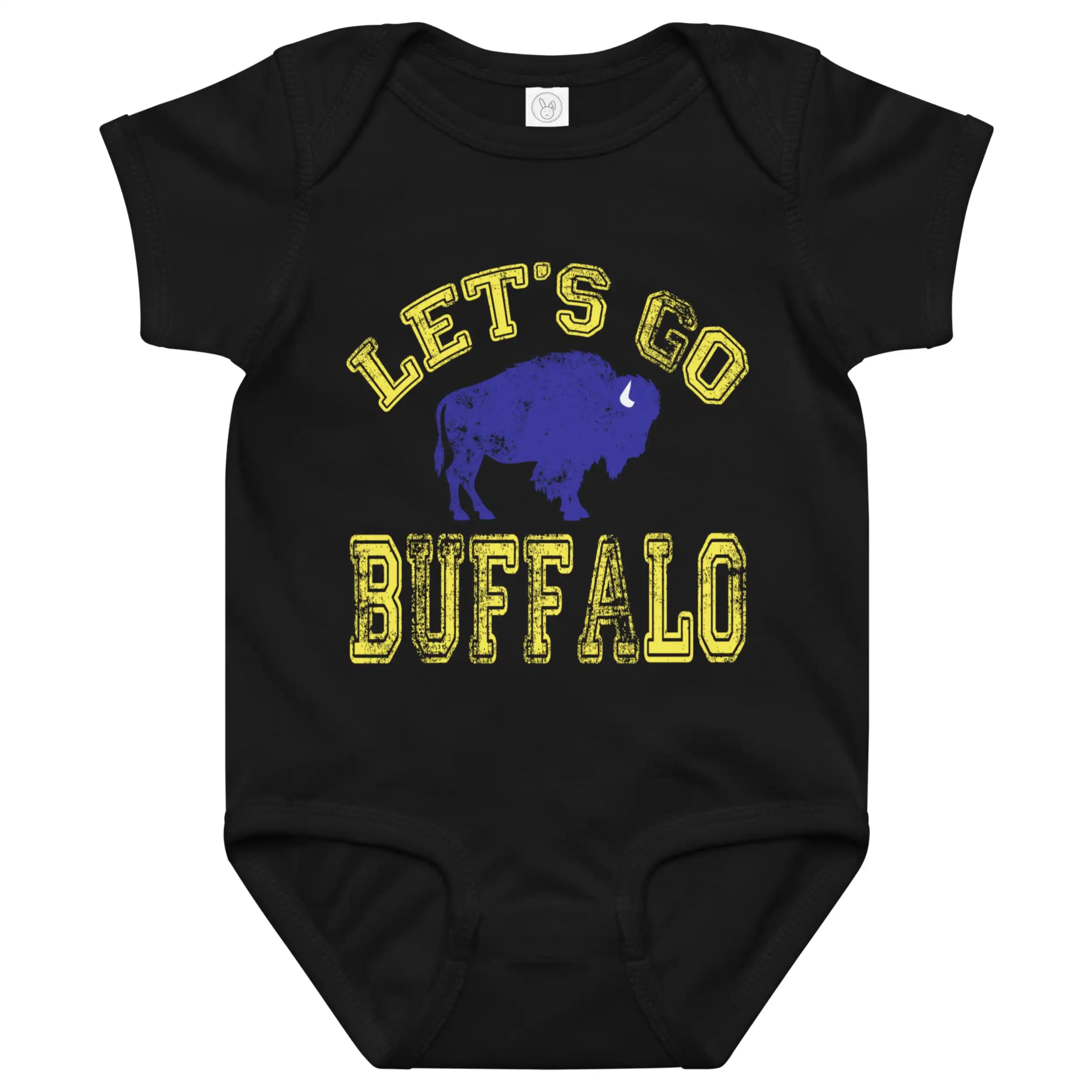 Black Buffalo hockey baby bodysuit featuring distressed yellow ‘Let’s Go Buffalo’ lettering and blue buffalo silhouette graphic, cute hockey baby outfit.
