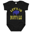 Black Buffalo hockey baby bodysuit featuring distressed yellow ‘Let’s Go Buffalo’ lettering and blue buffalo silhouette graphic, cute hockey baby outfit.