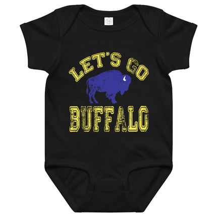 Black Buffalo hockey baby bodysuit featuring distressed yellow ‘Let’s Go Buffalo’ lettering and blue buffalo silhouette graphic, cute hockey baby outfit.