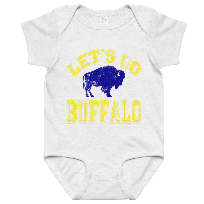 Grey Buffalo hockey baby bodysuit featuring distressed yellow ‘Let’s Go Buffalo’ lettering and blue buffalo silhouette design, Buffalo hockey baby apparel.