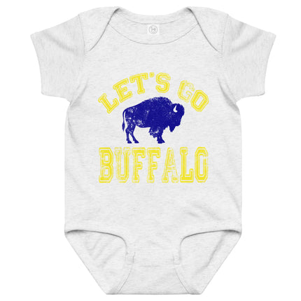 Grey Buffalo hockey baby bodysuit featuring distressed yellow ‘Let’s Go Buffalo’ lettering and blue buffalo silhouette design, Buffalo hockey baby apparel.