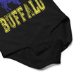Close-up of black Let's Go Buffalo hockey baby bodysuit snap closure detail for easy diaper access and soft cotton baby apparel design.