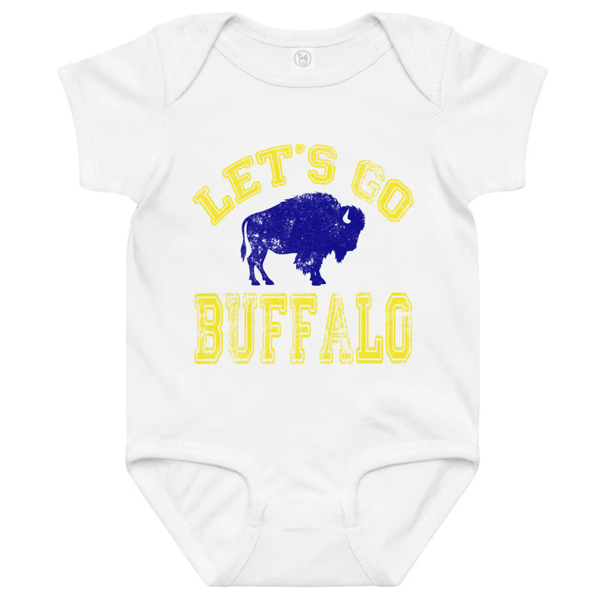 White Buffalo hockey baby bodysuit featuring distressed yellow ‘Let’s Go Buffalo’ lettering and blue buffalo silhouette graphic, Buffalo hockey baby outfit.
