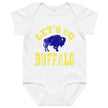 White Buffalo hockey baby bodysuit featuring distressed yellow ‘Let’s Go Buffalo’ lettering and blue buffalo silhouette graphic, Buffalo hockey baby outfit.
