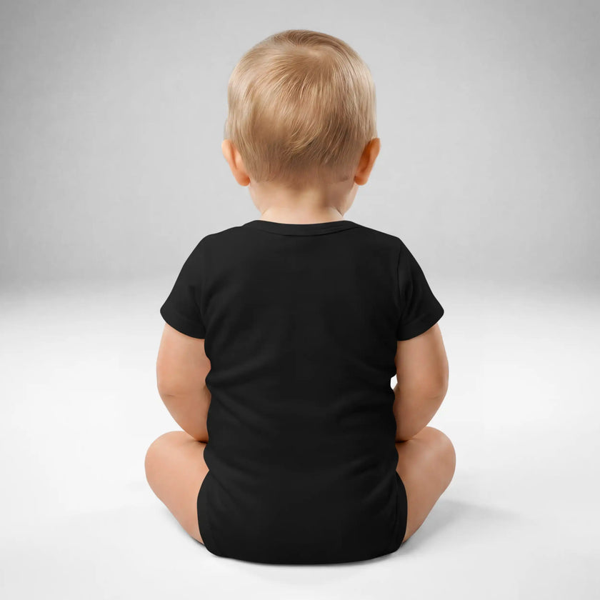 Back view of baby wearing black Buffalo hockey bodysuit with snap closure and soft cotton fit, Buffalo hockey themed baby apparel.
