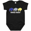 Black Buffalo hockey baby bodysuit featuring three buffalo silhouettes in yellow, blue, and buffalo stripe colors with ‘Buffalo Hockey’ text underneath, Buffalo hockey baby outfit.