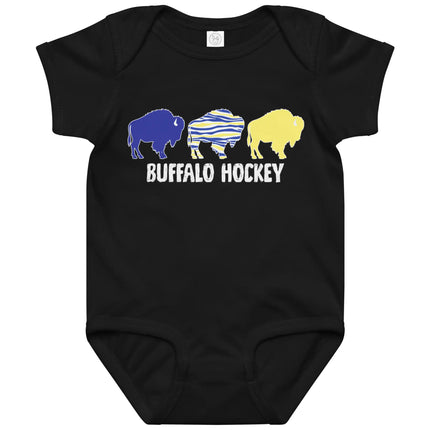 Black Buffalo hockey baby bodysuit featuring three buffalo silhouettes in yellow, blue, and buffalo stripe colors with ‘Buffalo Hockey’ text underneath, Buffalo hockey baby outfit.