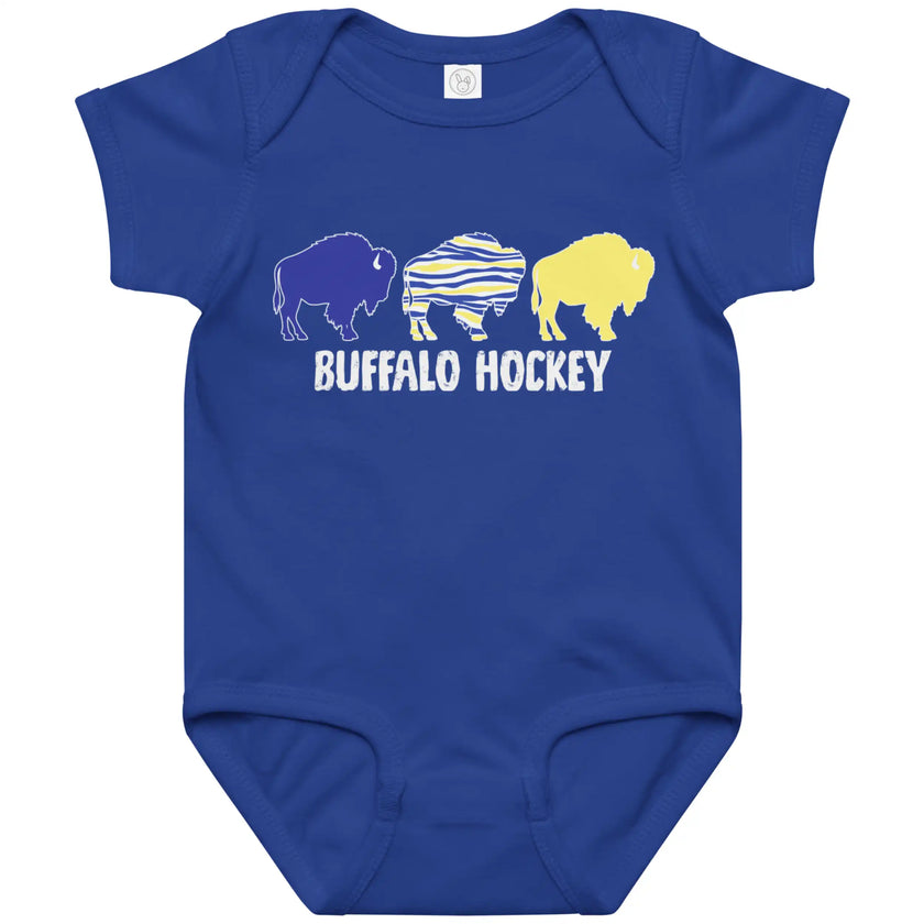 Blue Buffalo hockey baby bodysuit featuring three buffalo silhouettes in yellow, blue, and buffalo stripe colors with ‘Buffalo Hockey’ lettering underneath, Buffalo hockey baby apparel.