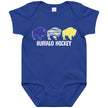 Blue Buffalo hockey baby bodysuit featuring three buffalo silhouettes in yellow, blue, and buffalo stripe colors with ‘Buffalo Hockey’ lettering underneath, Buffalo hockey baby apparel.