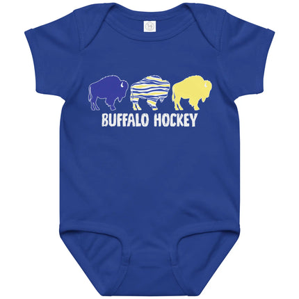 Blue Buffalo hockey baby bodysuit featuring three buffalo silhouettes in yellow, blue, and buffalo stripe colors with ‘Buffalo Hockey’ lettering underneath, Buffalo hockey baby apparel.