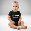 Baby wearing black Buffalo hockey ‘Buffalo Hockey’ bodysuit featuring three buffalo silhouettes in yellow, blue, and buffalo stripe colors, front view baby outfit.