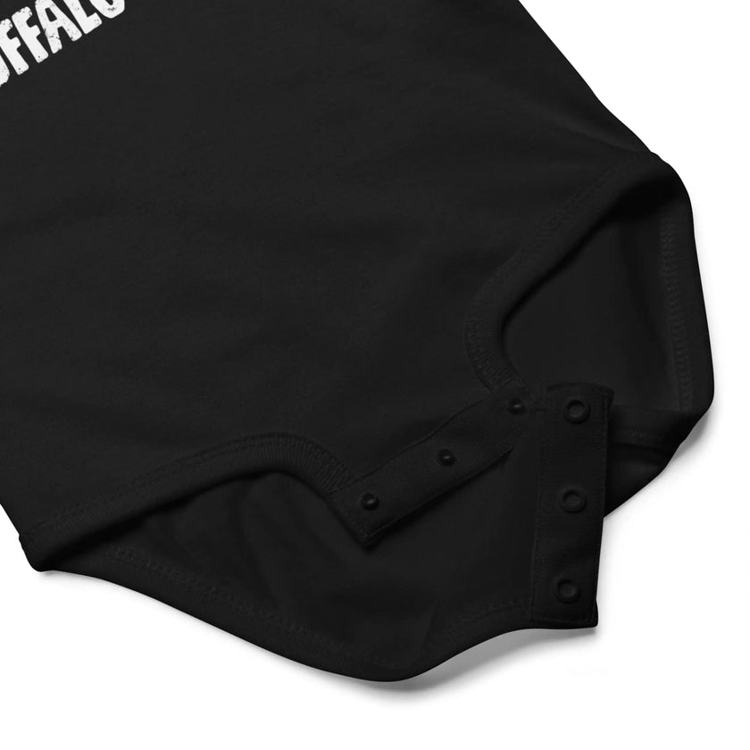 Close-up of black Buffalo hockey baby bodysuit snap closure detail for easy diaper access and soft cotton baby apparel design.