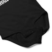 Close-up of black Buffalo hockey baby bodysuit snap closure detail for easy diaper access and soft cotton baby apparel design.