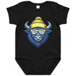 Black Buffalo hockey baby bodysuit with blue buffalo head character wearing sunglasses and winter beanie hat, Buffalo hockey themed baby bodysuit for winter and game day.