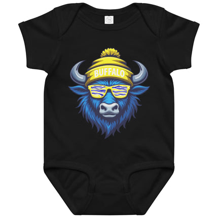 Black Buffalo hockey baby bodysuit with blue buffalo head character wearing sunglasses and winter beanie hat, Buffalo hockey themed baby bodysuit for winter and game day.