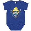 Blue Buffalo hockey baby bodysuit featuring cool buffalo head graphic wearing striped sunglasses and winter beanie with ‘Buffalo’ text, hockey-inspired baby outfit for Buffalo fans.