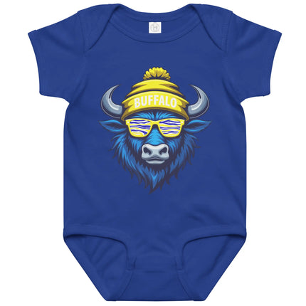 Blue Buffalo hockey baby bodysuit featuring cool buffalo head graphic wearing striped sunglasses and winter beanie with ‘Buffalo’ text, hockey-inspired baby outfit for Buffalo fans.