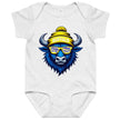 Grey Buffalo hockey baby bodysuit featuring stylized buffalo head wearing striped sunglasses and winter beanie, Buffalo hockey baby apparel for fans.