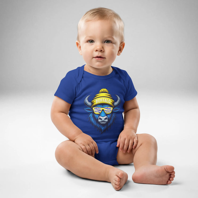 Baby wearing blue Buffalo hockey baby bodysuit featuring buffalo head graphic with sunglasses and winter beanie, hockey themed Buffalo baby apparel front view.