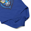 Close-up of blue Buffalo hockey baby bodysuit snap closure detail for easy diaper changes and soft cotton winter baby apparel design.
