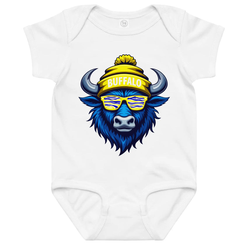 White Buffalo hockey baby bodysuit with cool buffalo head graphic wearing sunglasses and winter beanie with ‘Buffalo’ detail, hockey themed Buffalo baby bodysuit.