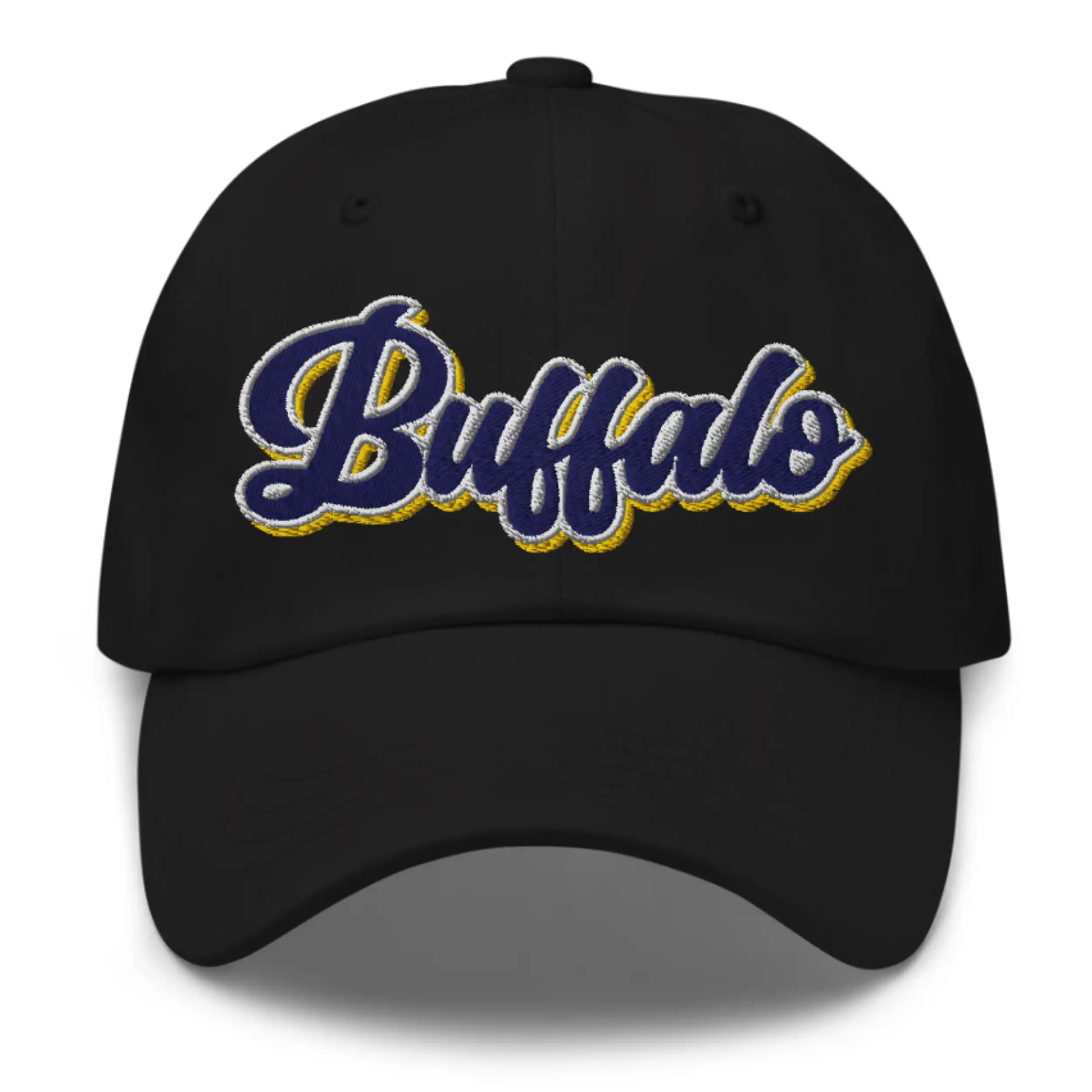 Black dad hat featuring retro Buffalo hockey script lettering with blue white and gold colorblock embroidery, stylish hockey fan cap.