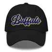 Black dad hat featuring retro Buffalo hockey script lettering with blue white and gold colorblock embroidery, stylish hockey fan cap.