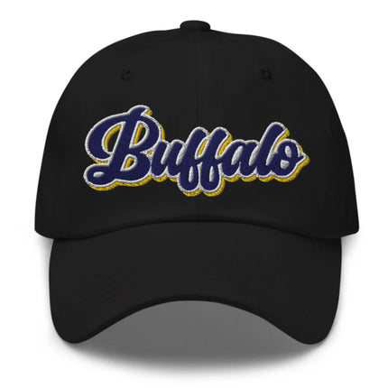Black dad hat featuring retro Buffalo hockey script lettering with blue white and gold colorblock embroidery, stylish hockey fan cap.