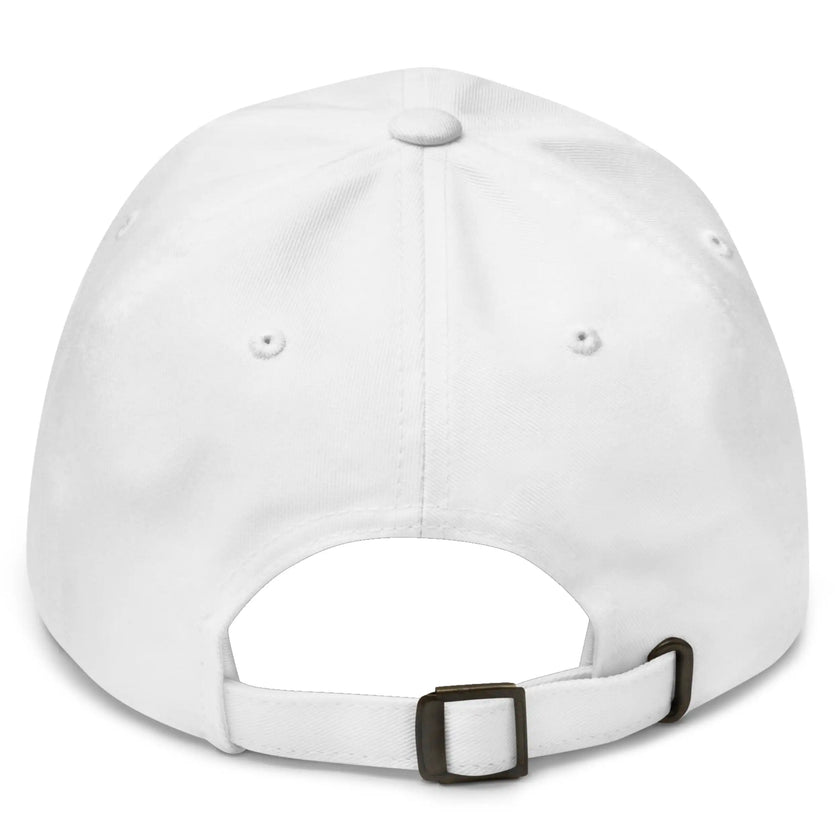 White dad hat back view showing adjustable strap and retro Buffalo hockey embroidered cap design.