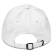 White dad hat back view showing adjustable strap and retro Buffalo hockey embroidered cap design.