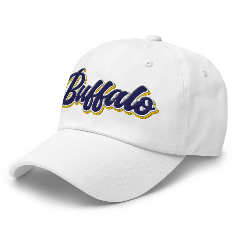 White dad hat left front angle featuring retro Buffalo hockey script embroidery in blue white and gold team colors