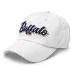 White dad hat left front angle featuring retro Buffalo hockey script embroidery in blue white and gold team colors