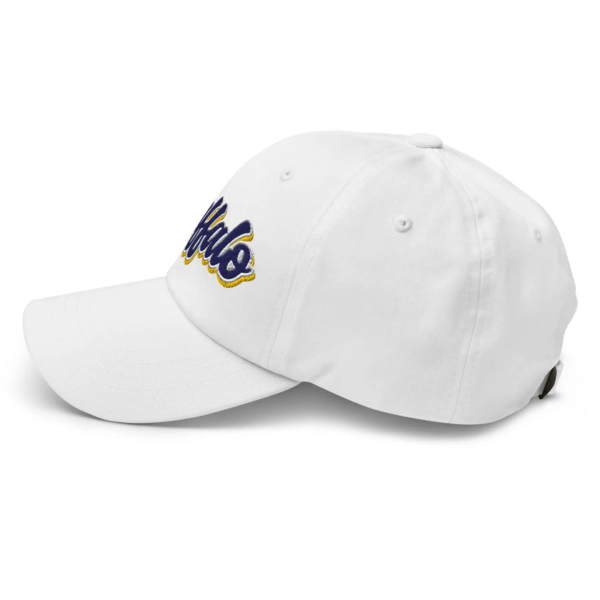 White classic dad hat left side view featuring retro Buffalo hockey script lettering with blue white and gold embroidery.