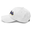 White classic dad hat left side view featuring retro Buffalo hockey script lettering with blue white and gold embroidery.