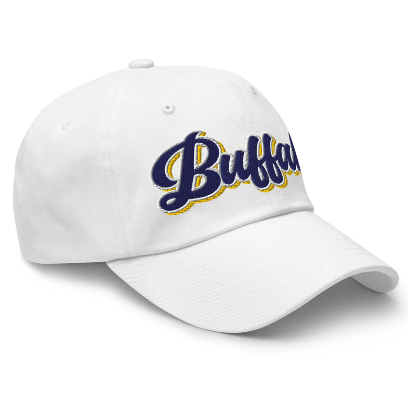 White classic dad hat right front angle showing retro Buffalo hockey script embroidered fan cap design.