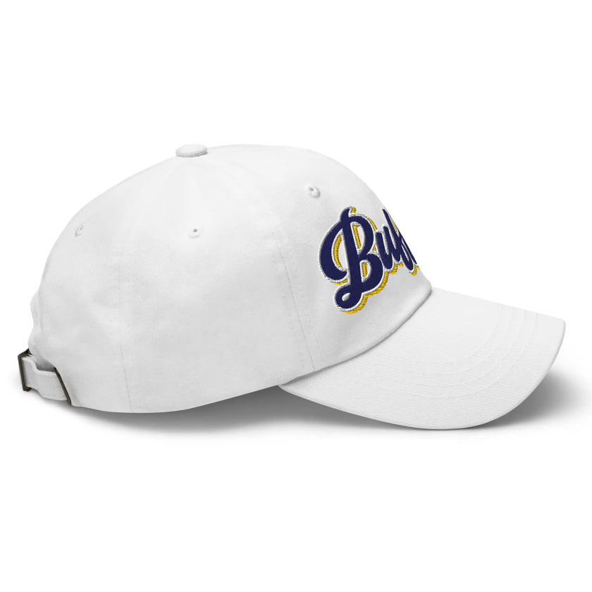 White dad hat right side view showing retro Buffalo hockey script embroidery and curved brim design.