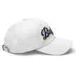 White dad hat right side view showing retro Buffalo hockey script embroidery and curved brim design.